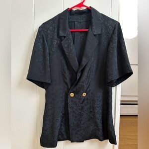 Vintage Black Sateen Blouse Short Sleeve Gold Buttons Holiday Blouse